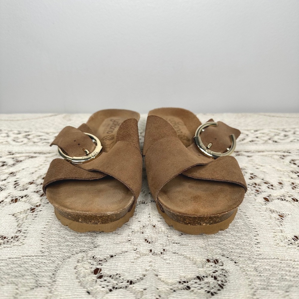 Yokono Spain Brown Suede Cork Footbed Slide Sandals‎ Gold Buckle Womens 8 Spain